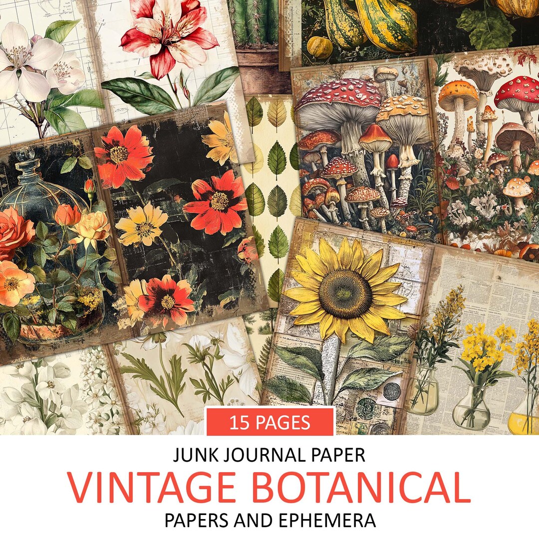 Vintage Botanical Junk Journal Paper: Floral Scrapbook Pages (digital ...