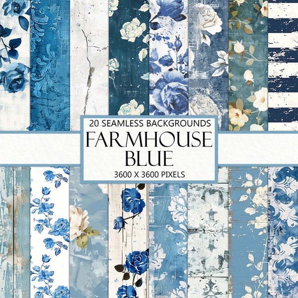 Seamless Antique Farmhouse Blue, Distressed Roses, Vintage Image, Repeating Pattern, Scrapbook Papers, Junk Journal Ephemera, Download