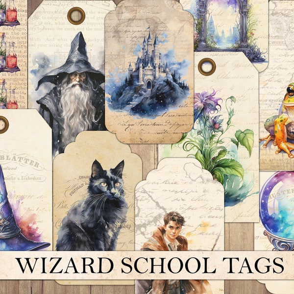 Vintage Magic School Tags, Printable Ephemera, Wizarding Tag, Wizard and Witch, Journal Cards, Potion Labels, Fussy Cut, Instant Download