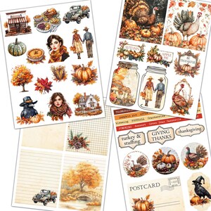 May include: A set of digital stickers featuring Thanksgiving themes. The stickers include images of turkeys, pumpkins, fall leaves, a house, a pie, and a jar with mushrooms. The text "GIVING THANKS" is also included.