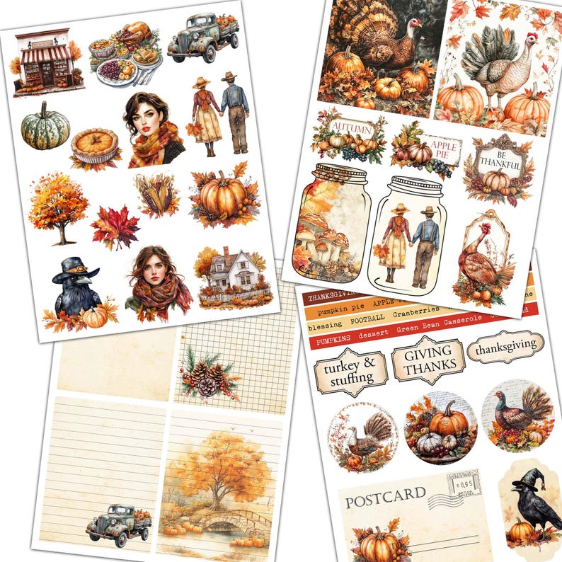 May include: A set of digital stickers featuring Thanksgiving themes. The stickers include images of turkeys, pumpkins, fall leaves, a house, a pie, and a jar with mushrooms. The text "GIVING THANKS" is also included.