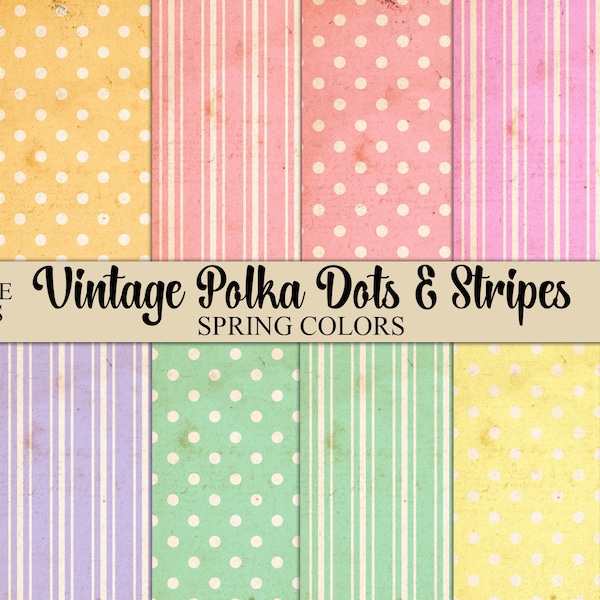 Digital Vintage Junk Journal Paper, Spring Colors, Ticking Stripes, Polka Dots, Spring Journal, Printable Craft Kit, Collage, Download