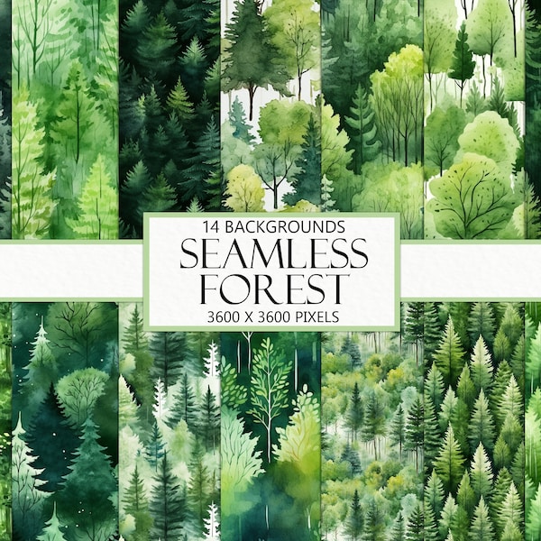 Seamless Watercolor Forest Trees Images, Tree Textures, Scrapbook Papers, Repeating Pattern, Wallpaper Backgrounds, Printable Download