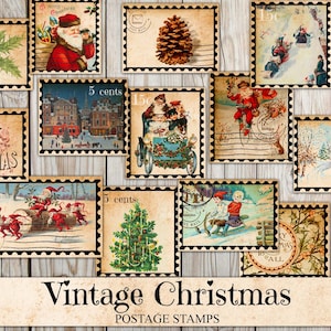 Druckbare Weihnachtsbriefmarken, Vintage Ephemera, Pingelige Schnitt, Aufkleber Blatt Junk Journal Zubehör, Winter Scraps, Digitales Sammelalbum, Collage