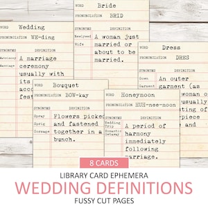 Druckbare Vintage Hochzeit Definition Bibliothekskarten, Pingeliger Schnitt, Ephemera Pack, Junk Journal Zubehör, Wörterbuch Wort, Ehe Download