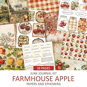 Kit completo de diario basura de manzana de granja, páginas de estilo vintage, efímera, corte quisquilloso, adorno de álbum de recortes, otoño, artesanía imprimible de frutas de otoño