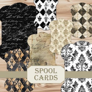 Puede incluir: Una colección de tarjetas de carrete decorativas con varios patrones y diseños. Las tarjetas presentan patrones de damasco, diamantes y escritura ornamentados en tonos negros, blancos, dorados y sepia. El texto "SPOOL CARDS" se muestra en una etiqueta rectangular.