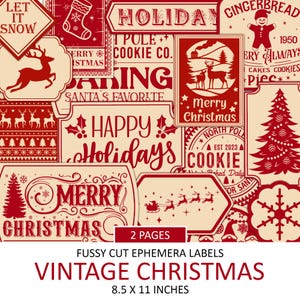 Vintage Christmas Labels, Winter Sayings, Red Christmas, Retro Holiday Scraps, Printable Junk Journal Ephemera, Fussy Cut Words, Download