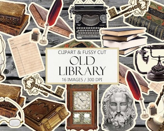 Könnte beinhalten: Eine Sammlung von Vintage-Clipart-Bildern zum Thema Bibliothek, darunter Bücher, eine Schreibmaschine, eine Feder, eine Laterne, eine Uhr, eine Büste eines Mannes, ein Telefon und eine Sanduhr. Die Bilder sind alle im verwitterten, antiken Stil gehalten und perfekt für Scrapbooking, Kartenherstellung oder andere Bastelprojekte.