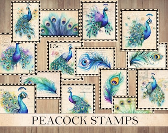 Watercolor Bold Peacock Stamps, Vintage Ephemera, Fussy Cut, Sticker Sheet, Junk Journal Supplies, Bird Nature Clipart, Instant Download