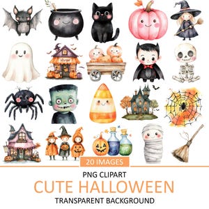 Watercolor Kids Halloween Clipart, Cute October Clip Art, Cute Illustration, Sublimation, Scrapbook, Junk Journal, PNG, Commercial Use