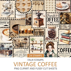 Sellos de café antiguos, efímeras antiguas, recortes con motivos quisquillosos, hojas de calcomanías, suministros para revistas basura, espresso, café con leche antiguo, descarga instantánea