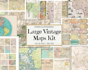 LARGE Collection, Vintage Maps Kit, Junk Journal, Old Maps Papers, Ephemera, Fussy Cut, Postcards, Scrapbook Embellishment, Instant Download