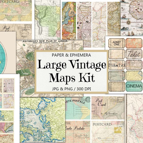 LARGE Collection, Vintage Maps Kit, Junk Journal, Old Maps Papers, Ephemera, Fussy Cut, Postcards, Scrapbook Embellishment, Instant Download