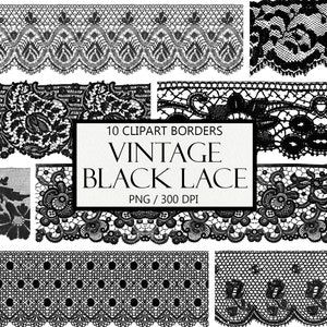 Vintage Black Lace Borders, Lace Edge Clipart, PNG Lace, Scrapbook Embellishment, Clip Art, Junk Journal, Digital Scrapbook, Commercial Use