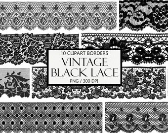 Vintage Black Lace Borders, Lace Edge Clipart, PNG Lace, Scrapbook Embellishment, Clip Art, Junk Journal, Digital Scrapbook, Commercial Use