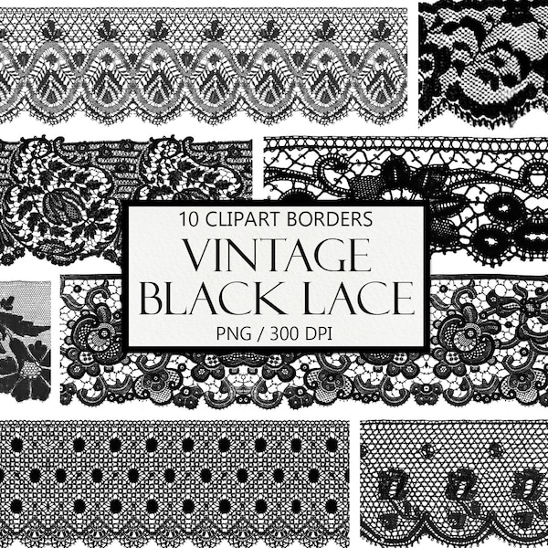 Bordes de encaje negro vintage, Clipart de borde de encaje, Encaje PNG, Embellecimiento de álbumes de recortes, Imágenes prediseñadas, Diario basura, Álbum de recortes digital, Uso comercial