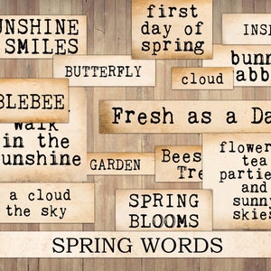 Wörter und Redewendungen Frühling, saisonal, Printable Junk Journal Ephemera, Grunge, Bastel Kit Scraps, Vintage, Pingeliger Schnitt, Sofort Download