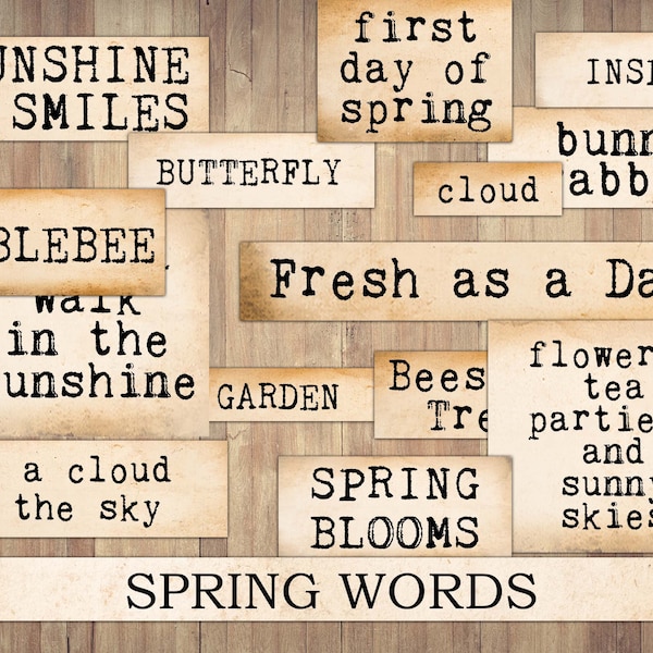 Spring Words and Phrases, Seasonal, Printable Junk Journal Ephemera, Grunge, Craft Kit Scraps, Vintage, Fussy Cut, Instant Download