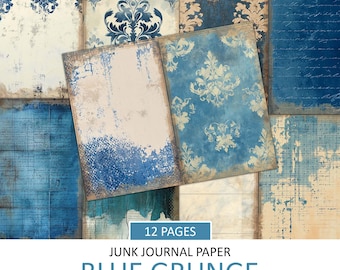 May include: Twelve pages of blue grunge junk journal paper, each measuring 8.5 by 11 inches, with a variety of patterns and textures, including damask, script, and distressed backgrounds.