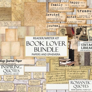 Book Lover Bundle, Reader and Writer, Vintage Junk Journal, Ephemera, Clipart, Fussy Cut, Books, Quotes, Letters, Antique, Instant Download