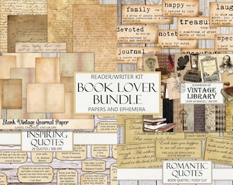 Paquete amante del libro, lector y escritor, diario basura vintage, efímera, imágenes prediseñadas, corte quisquilloso, libros, citas, cartas, antigüedad, descarga instantánea