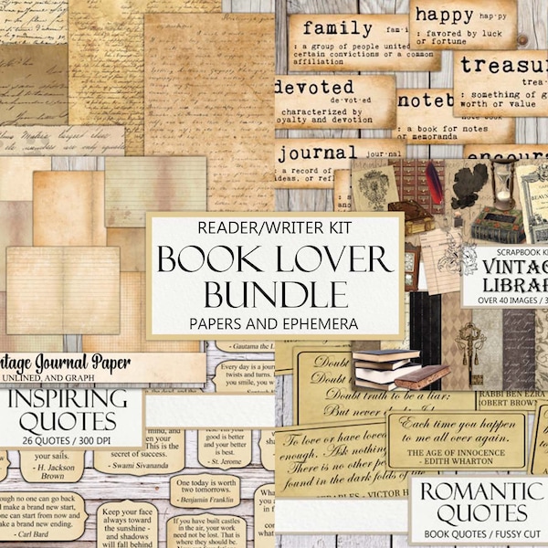 Book Lover Bundle, Reader and Writer, Vintage Junk Journal, Ephemera, Clipart, Fussy Cut, Books, Quotes, Letters, Antique, Instant Download