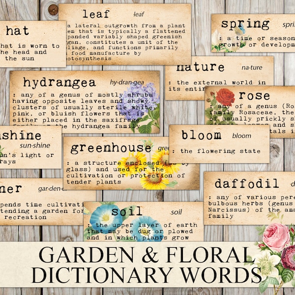 Printable Garden Themed Word Definitions, Floral, Junk Journal Ephemera, Dictionary Words, Vintage, Fussy Cut, Instant Download