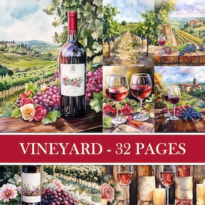 Vintage Vineyard Backgrounds, Junk Journal Supplies, Wine Image, Grapes, Winery Antique Scrapbook Paper, Printable Download