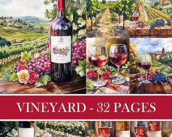 Watercolor Vineyard Ephemera: Wine & Grapes Scrapbook Paper (Digital Download)