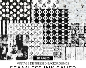 Vintage Ink Saver Collage Papers: Seamless Black & White Patterns (PDF Download)