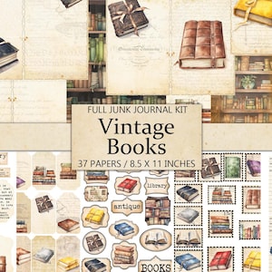 May include: A digital collage sheet with 37 vintage book themed papers. The papers feature illustrations of books, book stacks, library cards, and bookworms. The papers are designed for use in junk journals and other paper crafts. The papers are 8.5 x 11 inches.