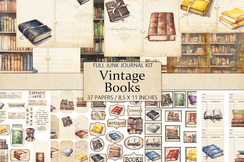 May include: A digital collage sheet with 37 vintage book themed papers. The papers feature illustrations of books, book stacks, library cards, and bookworms. The papers are designed for use in junk journals and other paper crafts. The papers are 8.5 x 11 inches.