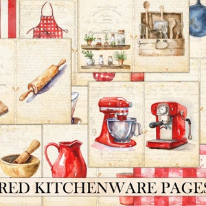 Vintage Red Kitchenware Junk Journal Paper: Baking Ephemera (Digital nedladdning)