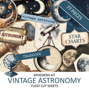 Kit d'éphémères d'astronomie vintage aquarelle, céleste antique, coupe difficile d'astrologie, fournitures de journal indésirable, collage, lune et étoiles, téléchargement