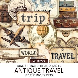 Kit de etiquetas de viagem antigas efêmeras, recortes de diário de férias para impressão, corte exigente, álbum de recortes, kit de colagem de férias, mundo, download instantâneo