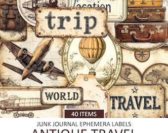 May include: A set of 40 vintage-style travel themed junk journal ephemera labels. The labels feature images of airplanes, hot air balloons, luggage, trains, maps, and globes. The labels are printed on high-quality cardstock and are perfect for adding a touch of vintage charm to your junk journals, scrapbooks, and other paper crafts.