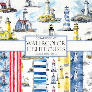 Watercolor Lighthouses Scrapbook Kit, Junk Journal, Lighthouse Images, Ephemera, Clipart, Oceanside Seamless Papers, Beach, Instant Download