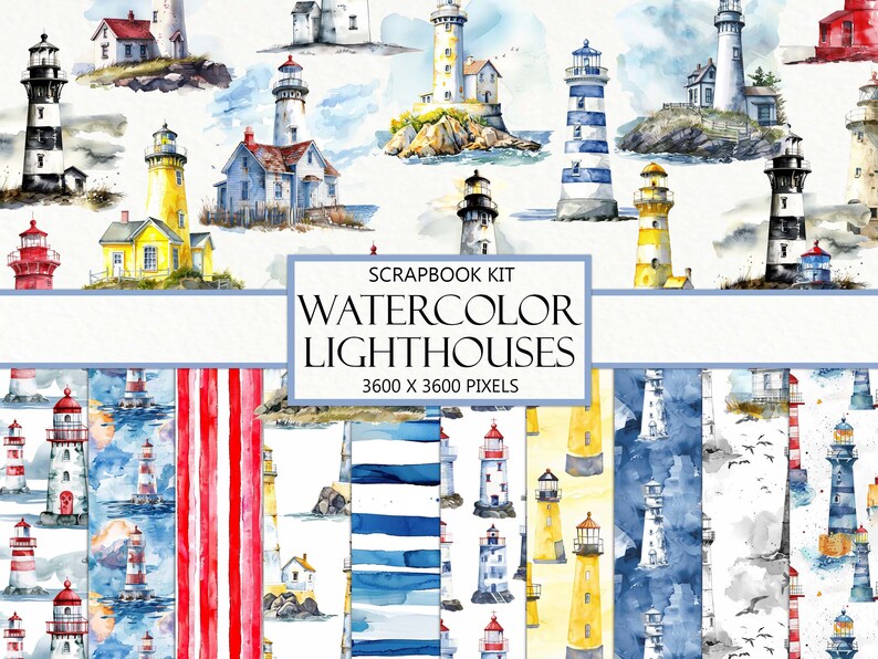 Watercolor Lighthouses Scrapbook Kit: Oceanside Ephemera (digital ...