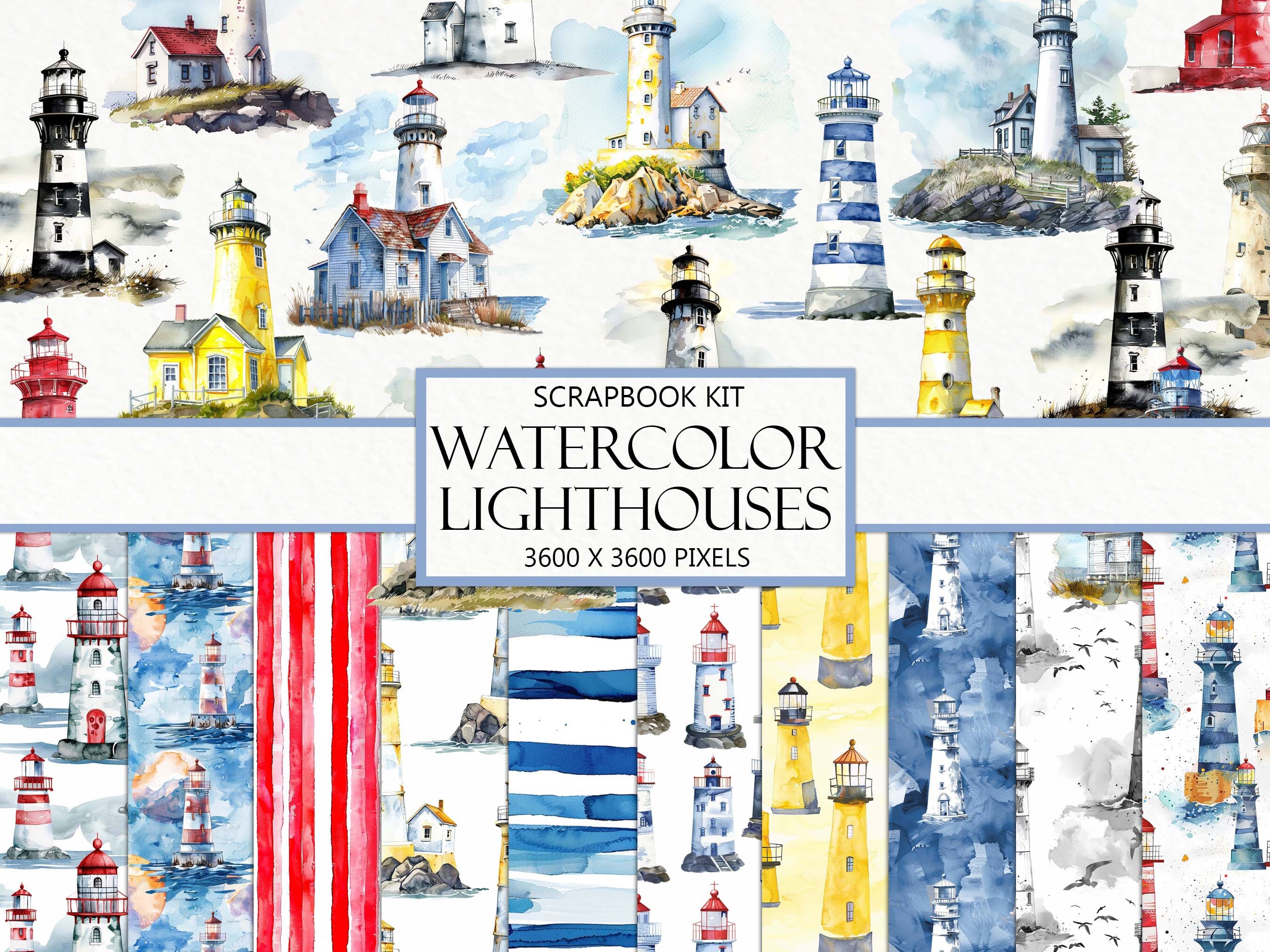 Watercolor Lighthouses Scrapbook Kit: Oceanside Ephemera (digital ...