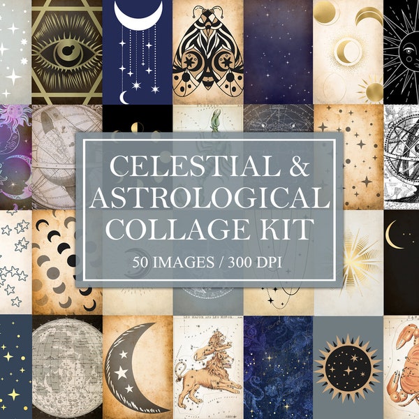 DIGITAL Celestial Collage Kit, Instant Download, Wall Art, Scrapbook Ephemera, Junk Journal Cards, Astrology Aesthetic, Printable Decor