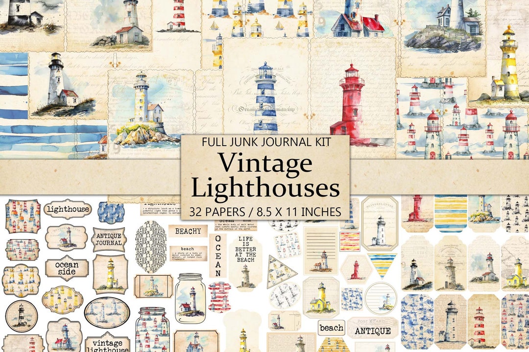 Watercolor Lighthouse Junk Journal Kit: Vintage Beach Ephemera (digital ...
