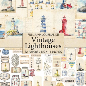 Watercolor Lighthouses Junk Journal Kit, Vintage Style Beach Pages,  Ephemera, Fussy Cut, Scrapbook Embellishment, Ocean Printable Craft Kit