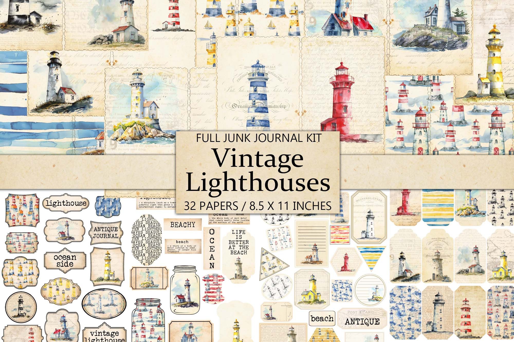 Watercolor Lighthouse Junk Journal Kit: Vintage Beach Ephemera (digital ...