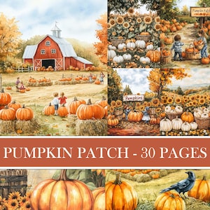 Puede incluir: Ilustraciones en acuarela de una escena de campo de calabazas con un granero rojo, calabazas, balas de heno y niños. La imagen incluye el texto "Pumpkin Patch - 30 Pages". El tema es otoño y cosecha.