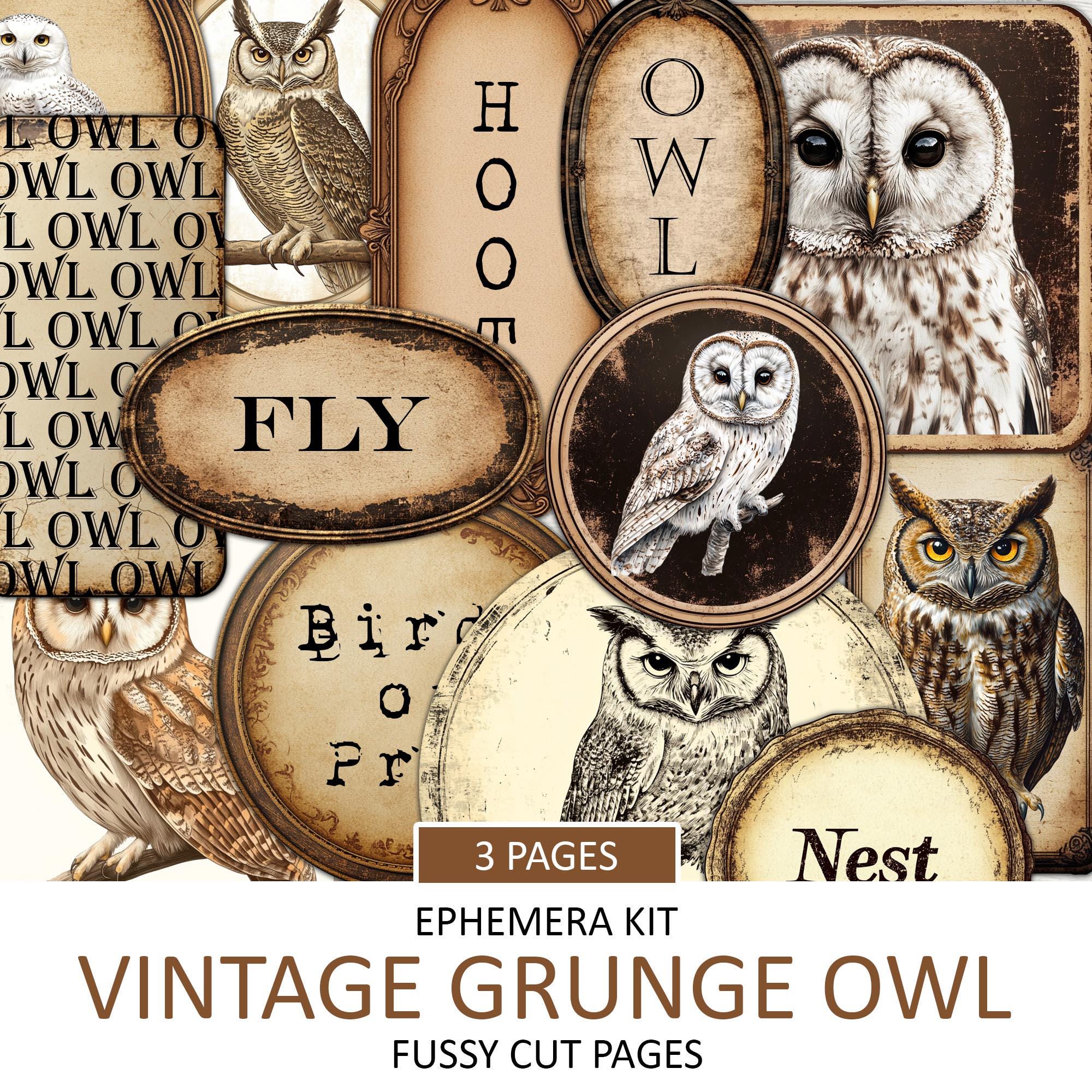 Antique Owl Labels Ephemera Kit, Printable Animal Journal Scraps, Fussy Cut, Scrapbook, Birds of Pre