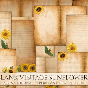 Sonnenblume Journalpapier, Vintage gezeichnetes Schreibpapier, Diagramm, unliniert, Junk Journal Ephemera, Antik, altes Papier, bedruckbares Sammelalbum