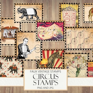 Printable Vintage Circus Stamps, Ephemera, Fussy Cut, Sticker Sheet, Junk Journal Supplies, Big Top Clipart, Digital Scrapbook, Collage