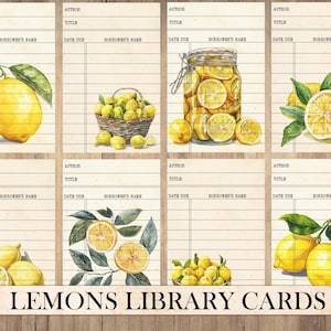 Tarjetas de biblioteca de limones vintage imprimibles, corte quisquilloso, paquete de efímeras, suministros de diario basura, restos de diarios, restos de frutas antiguas, álbum de recortes