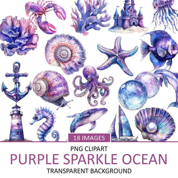 水彩画の紫色の海の生き物のクリップアート：輝く海のイラスト（PNG